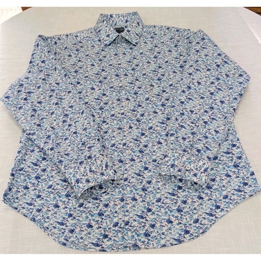 Madison Slim Fit Men Shirt Large 16-16 1/2 Floral Blue Long Sleeves Button Down